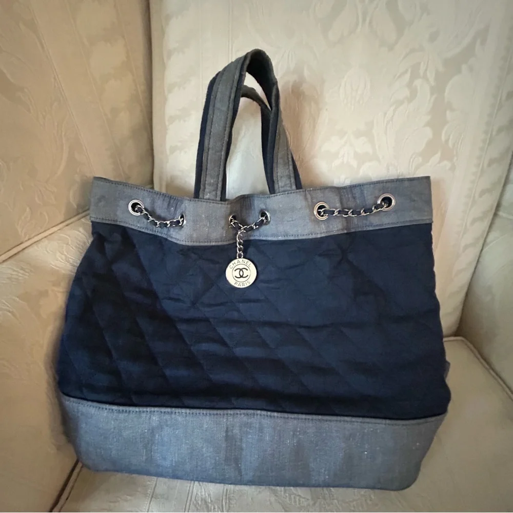 RARE！Chanel 2014 denim 2 tone medallion charm back pack bag/tote bag